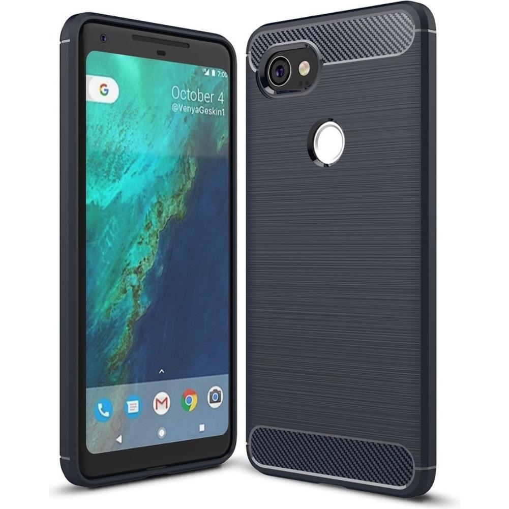 König Design Hülle Handy Schutz für Google Pixel 2 XL Case Cover Bumper Carbon Optik TPU Blau (Google Pixel 2 XL), Smart...