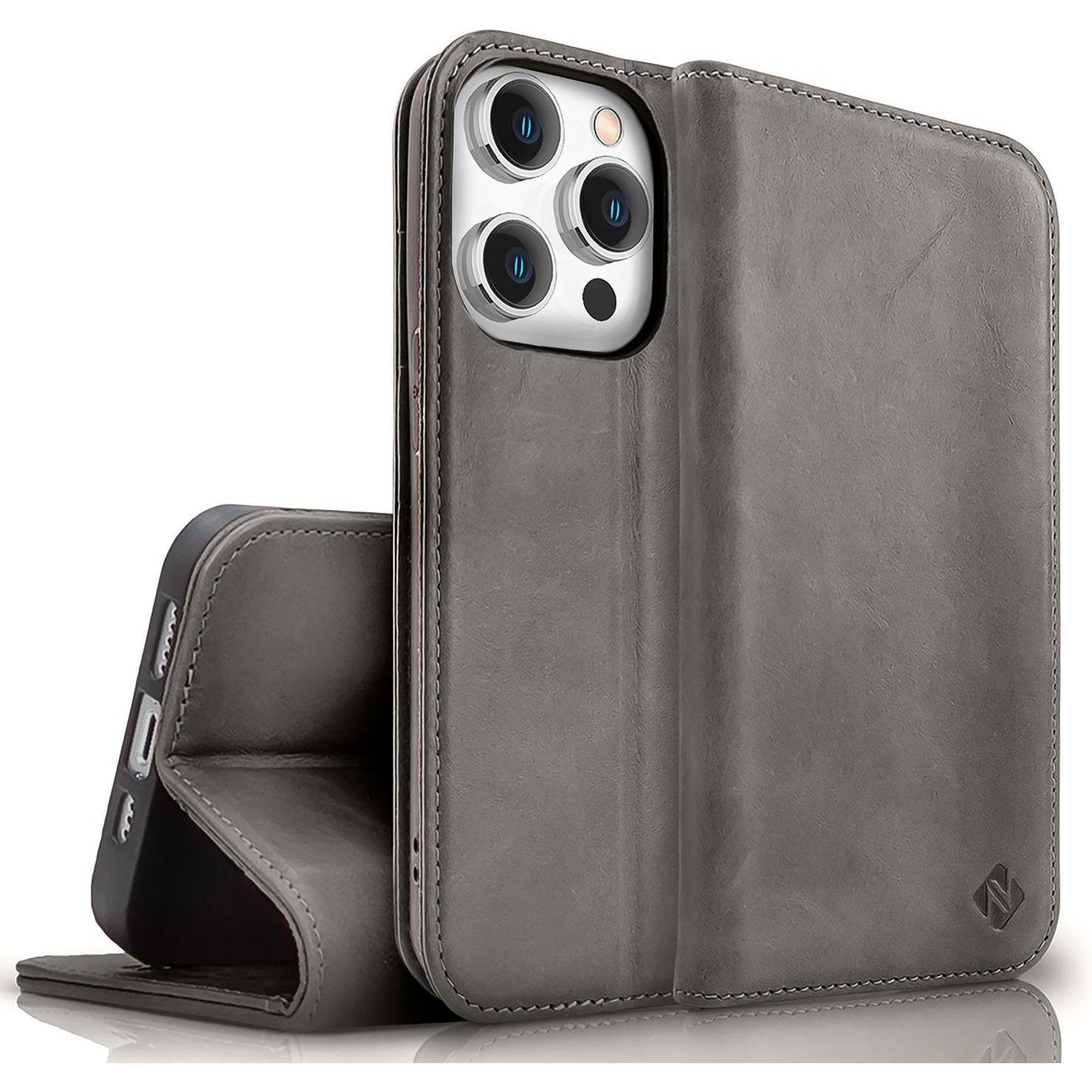 Nalia Echt Leder Flip Case Hülle mit Magnetverschluss (Apple iPhone 15 Pro), Smartphone Hülle, Grau