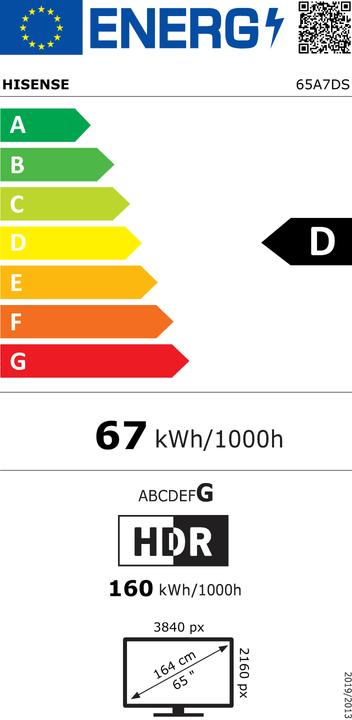 Energy Label Hisense 65A7DS sw QLED TV UHD,Multituner,Smart,DolbyVision,HDR10+ (65", LED, QLED, 4K, 2026, EN)