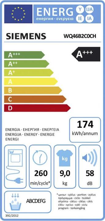 Energie-Label Siemens WQ46B2C0CH 9kg & WG56B214CH 10kg Waschturm (9 kg, Rechts)