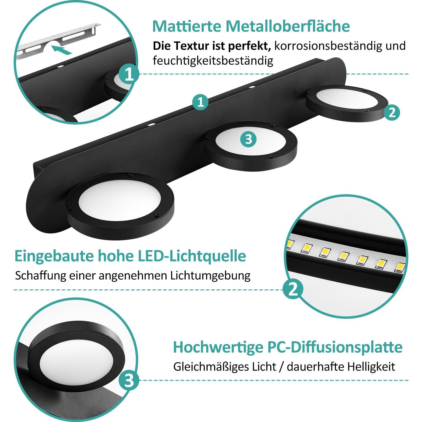 Thumbnail - Emke, Wandleuchte + Deckenleuchte, Spiegelleuchte mit 3 Quellen, Wandleuchte, NeutralWeiss(4200K), Schwarz (975 lm)