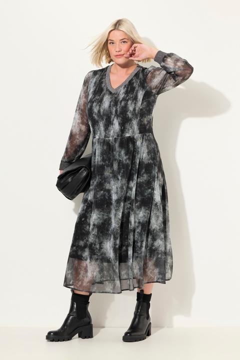 Produktbild Ulla Popken Smok-Midikleid, Batikmuster, V-Ausschnitt, Langarm (42, 44)