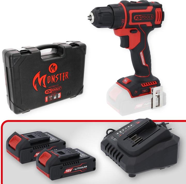 Produktbild KS Tools eMONSTER Brushless-Akku-Bohr-Schrauber-Satz, 4-tlg| 18 Volt, 2 Akkus und Ladegerät