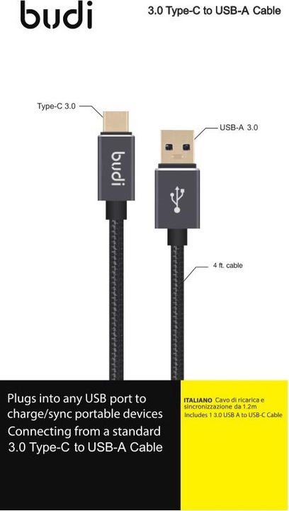Budi USB cable USB-A - USB-C 1.2 m black (BD178T) (1.20 m, USB 3.0)