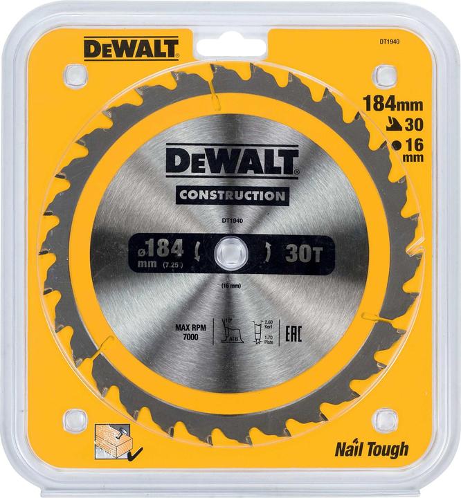 Actual product image DeWalt Tungsten carbide circular saw blade, Ø 184mm