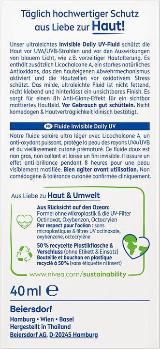 Immagine prodotto NIVEA UV Face Invisible Daily Fluid SPF 50+ (Crema solare, SPF 50+, 40 ml, 70 g)