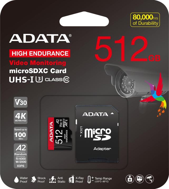 Actual product image Adata High Endurance 512 GB microSDXC (UHS-I U3, Class 10, V30, A2) (512 GB, microSDXC, U3, UHS-I)