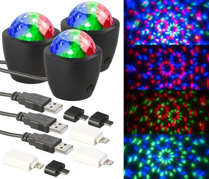 Produktbild Lunartec 3er-Set Mini-RGB-Disco-Licht, Akustik-Sensor, USB- & iPhone-Anschluss