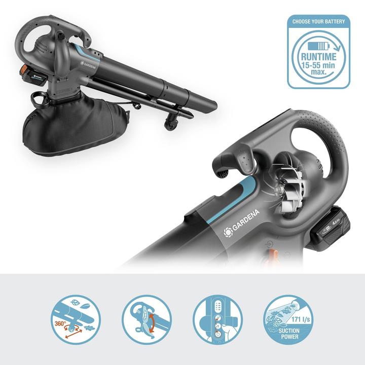 Actual product image Gardena Akku-Laubsauger/Laubbläser PowerJet Collect 18V P4A solo (grau/schwarz, ohne Akku und Ladegerät, POW (Rechargeable battery operated, Vacuum cleaners & blowers)