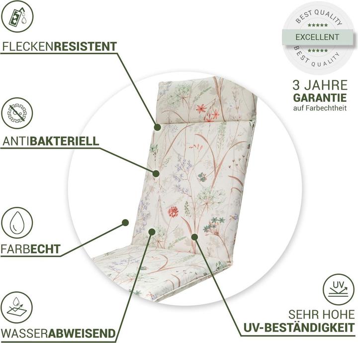 Produktbild Natura Punto 2er-Set Hochlehner-Auflage, Gartenstuhlkissen wasserabweisend, Blumenmuster weiss 120x50cm (120 x 50 cm)