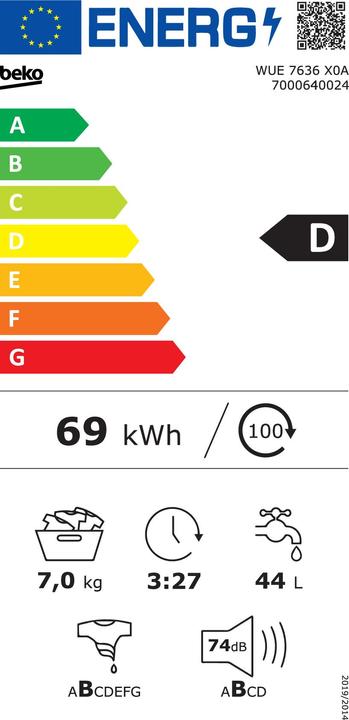 Energie-Label Beko WASHING MACHINE WUE7636X0A (7 kg, Links)