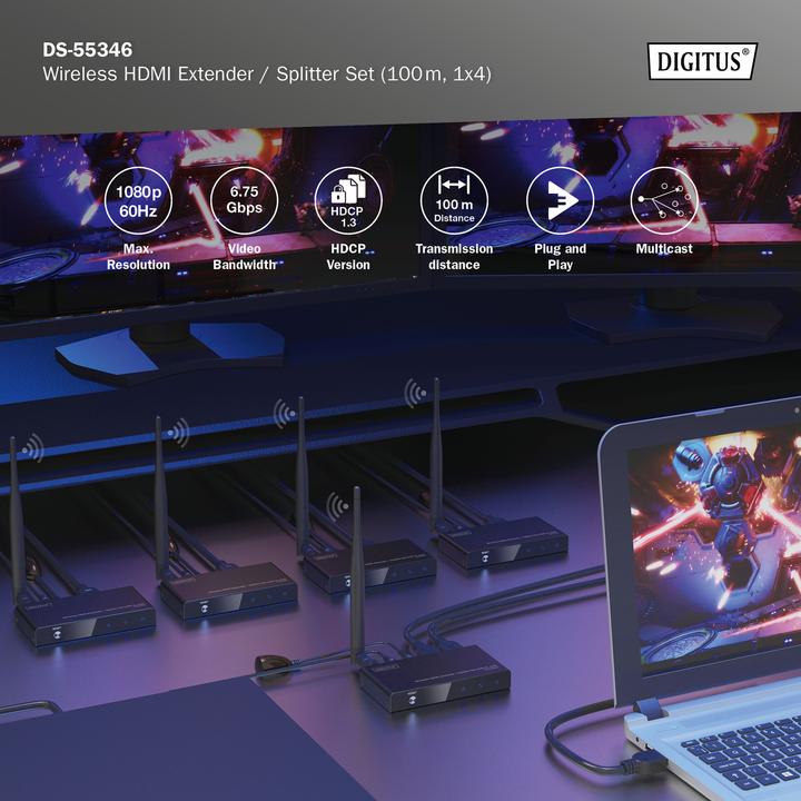 Produktbild Digitus Wireless HDMI Extender / Splitter Set (100 m, HDMI 1.4a)