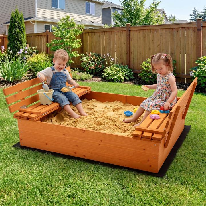 Actual product image Wiltec Sandpit with lid 2 benches 98x98x21cm Sandpit wooden sandbox fleece base