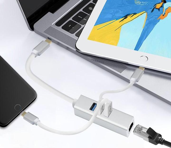 Image du produit Helos HUB, USB 3.1 Type-C™St./3x USB + RJ45 Gigabit Ethernet, PREMIUM 4K, argent HUB USB Type-C™ avec USB (USB-C, 4 Ports)