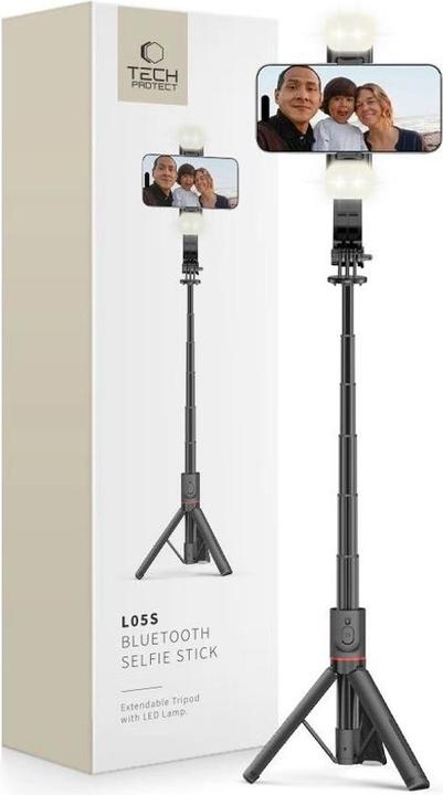 Actual product image Tech-Protect L05S Bluetooth selfie stick with tripod up to 105cm with LED lamp - black