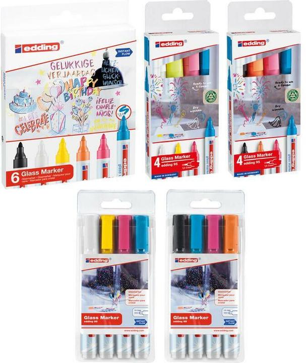 Produktbild Edding 95 Glasboardmarker farbsortiert 1,0 - 5,0 mm, 4 St. (Rosa, Hellblau, Orange, Schwarz, 3 mm, 4 x)