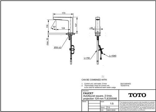 Produktbild TOTO Automatikarmaturenauslauf, eckig, niedrig, Kaltwasser, 2 l/min., Ausladung 124mm, Auto Function