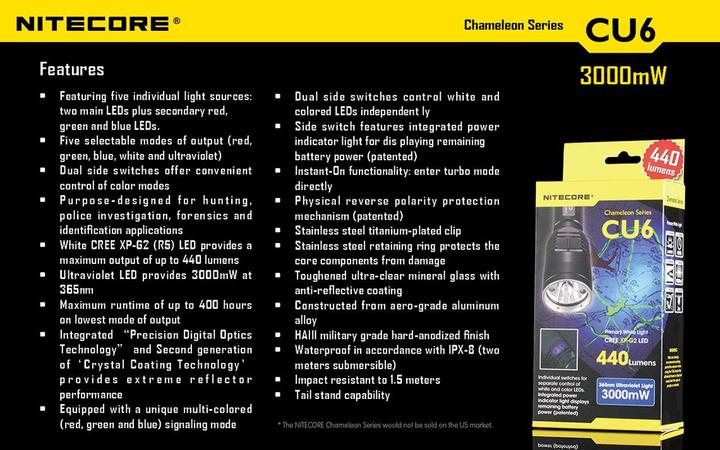 Image du produit Nitecore Chameleon CU6 avec LED UV (14.30 cm, 440 lm)