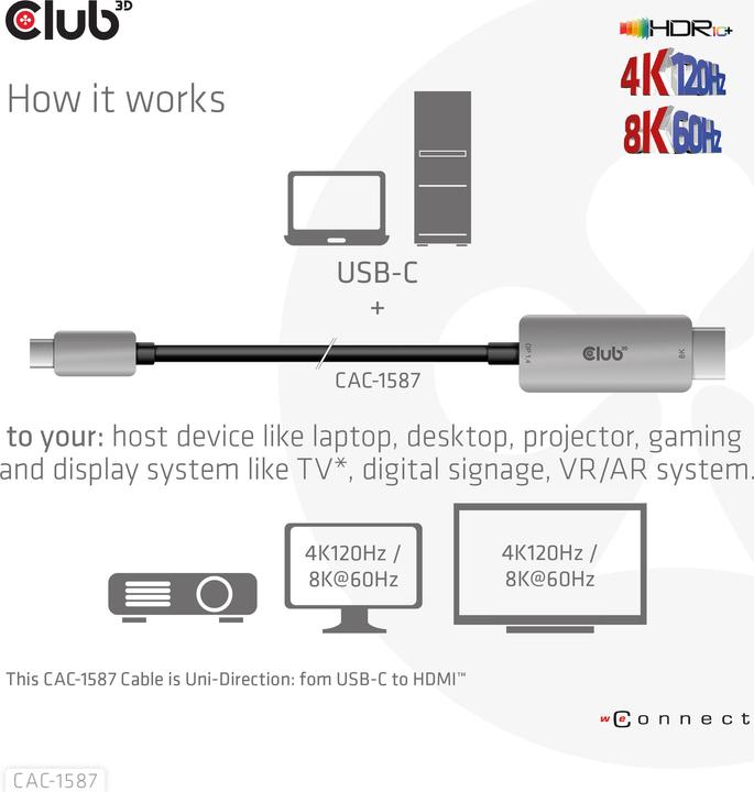 Produktbild Club 3D HDMI (Typ A) — USB C (3 m, USB Typ C, HDMI, 2.1)