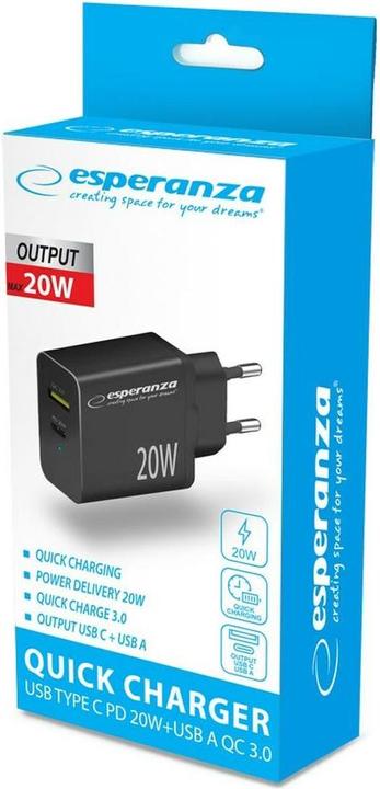 Produktbild Esperanza EZC105K Netzladegerät 20W Schwarz (20 W, 2 Ports)