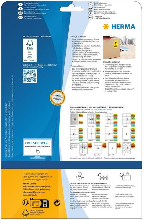 Nährwerte und Zutaten HERMA Farbige Etiketten A4 ablösbar