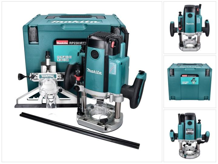 1x insert correspondant, 1x Makita Makpac valise, 1x Clé à fourche ( 781030-7 ), 1x guide parallèle ( 194935-6 ), 1x raccord d'aspiration ( 122850-4 ), 1x défonceuse Makita RP 2303, 1x douille de serrage 12 x 8 mm ( 763804-8 ), 1x douille de serrage 12 x 6 mm ( 763801-4 )