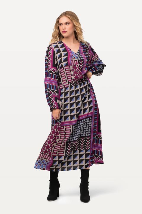 Image du produit Ulla Popken Robe midi avec effet cache-coeur, décolleté en V et manches longues, imprimé patchwork (42, 44)