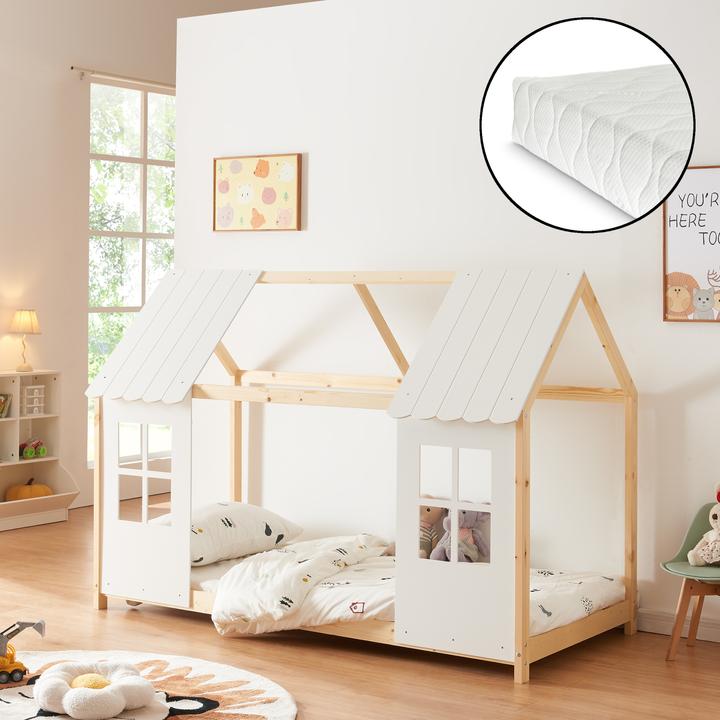 Actual product image En.Casa Halboffenes Kinderbett Tostedt mit Matratze 90x200 cm Holz/Weiss (90 x 200 cm)