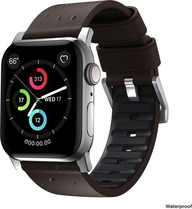 Actual product image Nomad Active Band Pro -nahkaranneke, Apple Watch 49 / 45 / 44 /, hopea/ruskea (20 mm, Leather, Stainless steel)