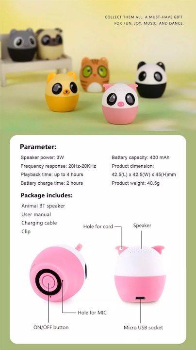 Actual product image PhoneLook Mini Speaker Speaker Lightweight Portable with Wireless Bluetooth in Animal Shape Panda Bear (2 h)