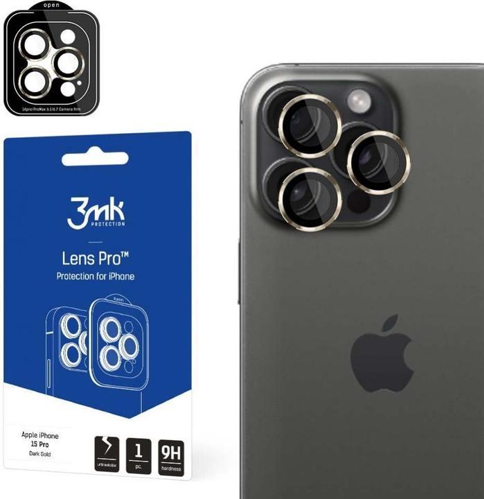Produktbild 3MK Lens Protection Pro iPhone 15 Pro 6.1" ciemnozłoty/dark gold Ochrona na obiektyw aparatu z ramką (1 Stk., Apple iPhone 15 Pro)