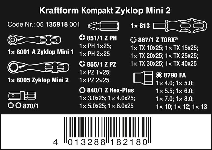 Nährwerte und Zutaten Wera Kraftform Kompakt Zyklop Mini 2 (6 mm, 12 mm, 10  mm, 7 mm, 11 mm, 5 mm, 8 mm, 9 mm, 13 mm, 4 mm)
