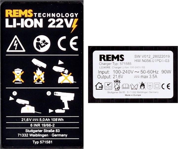 Actual product image Rems Battery set Power Pack 21,6V (22V max) with 2x battery 5,0Ah + charger 90W ( 571591 )