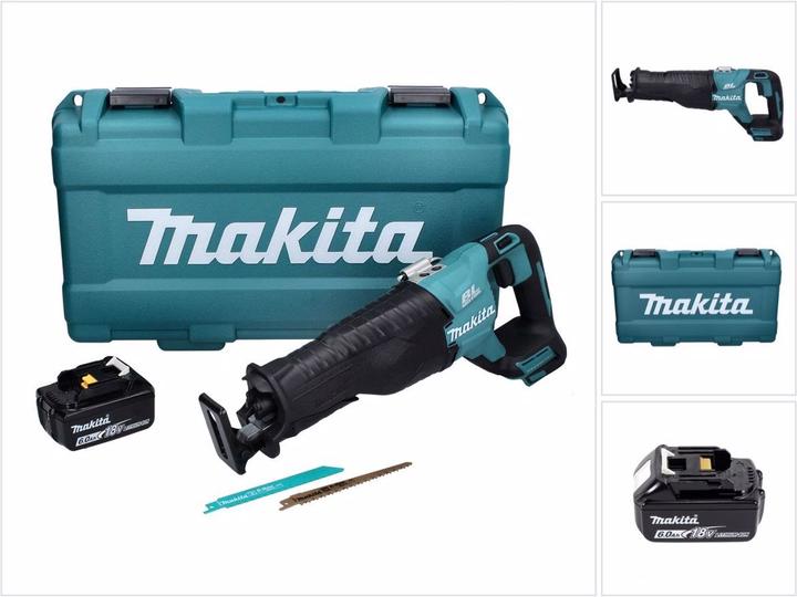 1x Makita DJR 187 18 V Akku Reciprosäge, 1x Makita BL 1860 B 18 V 6,0 Ah Akku, 2x Makita Sägeblatter, 1x Makita Transportkoffer, ohne Ladegerät