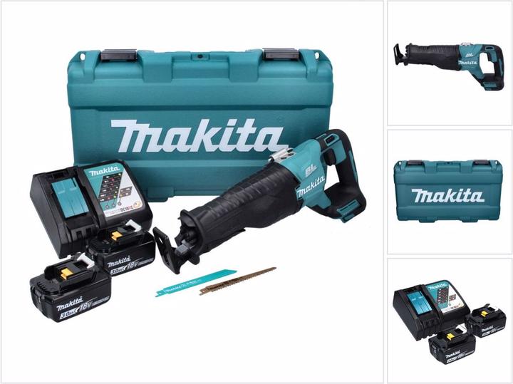 1x Makita DJR 187 18 V cordless recipro saw, 2x Makita BL 1830 B 18 V 3.0 Ah battery, 1x Makita DC 18 RC charger, 2x Makita saw blades, 1x Makita transport case