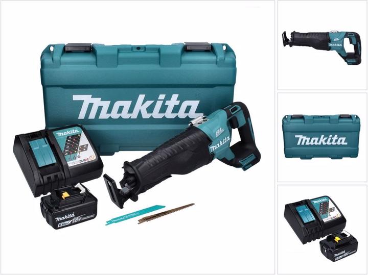 1x Makita DJR 187 18 V Akku Reciprosäge, 1x Makita BL 1860 B 18 V 6,0 Ah Akku, 1x Makita DC 18 RC Ladegerät, 2x Makita Sägeblatter, 1x Makita Transportkoffer