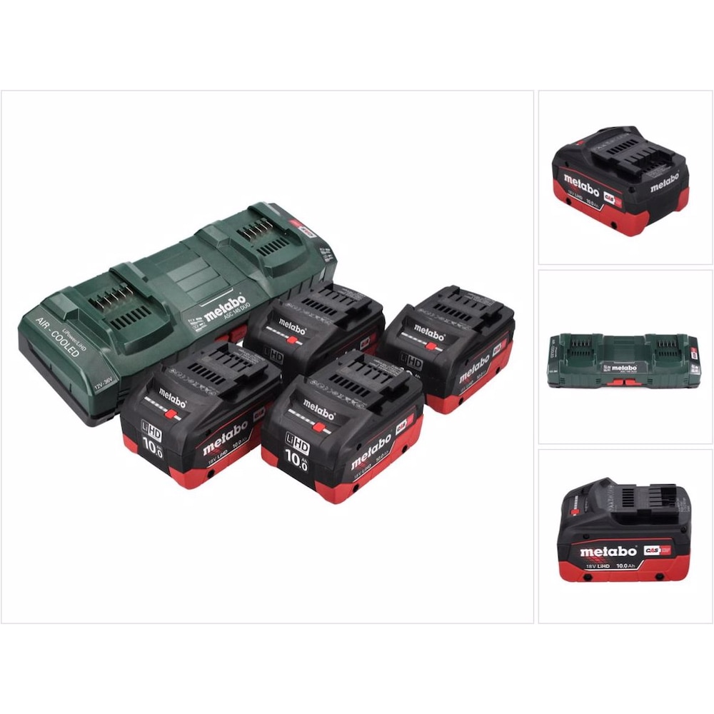 Metabo, Werkzeugakku + Ladegerät, 18 V Basis Set 4x Akku 10,0 Ah LIHD + ASC 145 DUO Doppelladegerät CAS System (18 V)