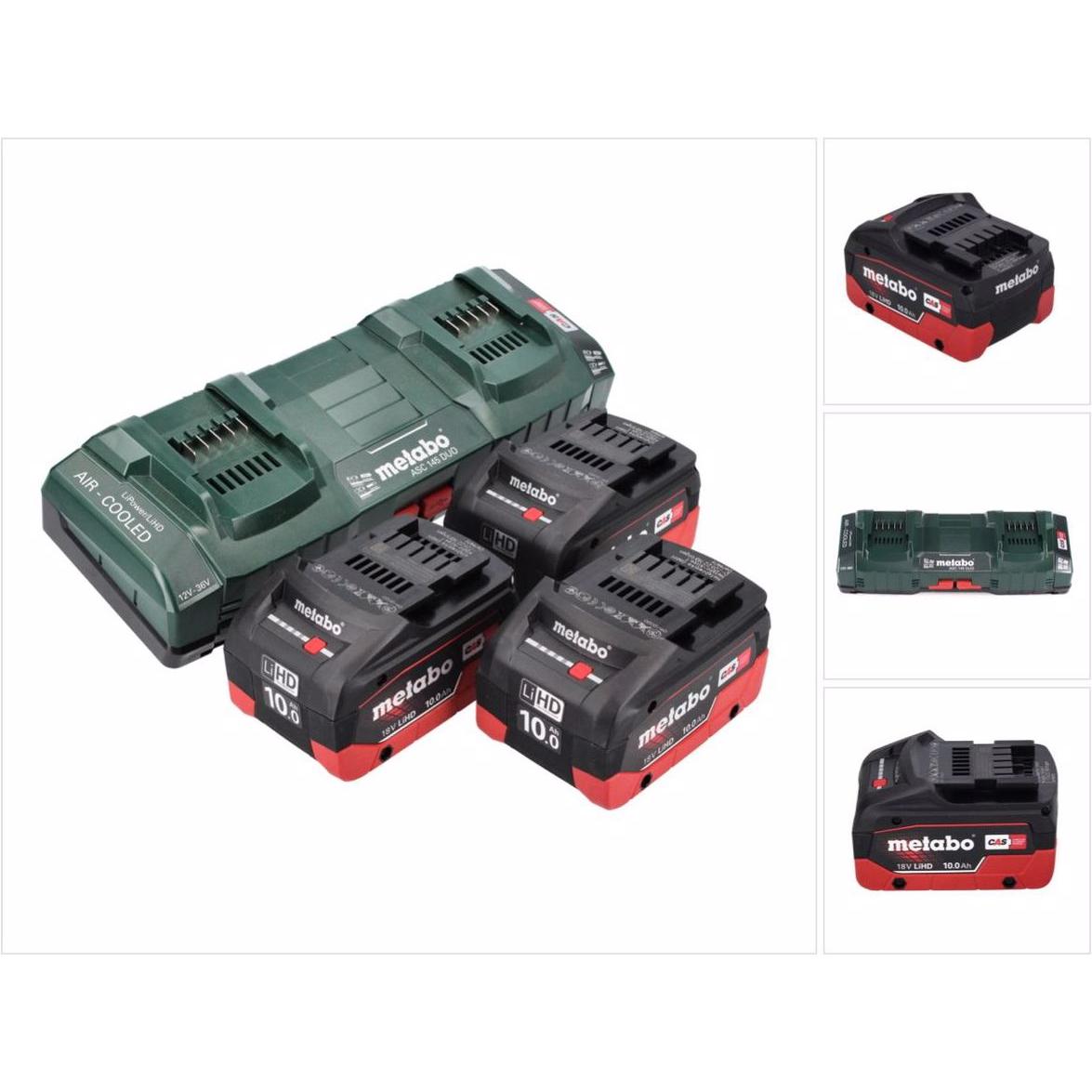 Metabo, Werkzeugakku + Ladegerät, 18 V Basis Set 3x Akku 10,0 Ah LIHD + ASC 145 DUO Doppelladegerät CAS System (18 V)