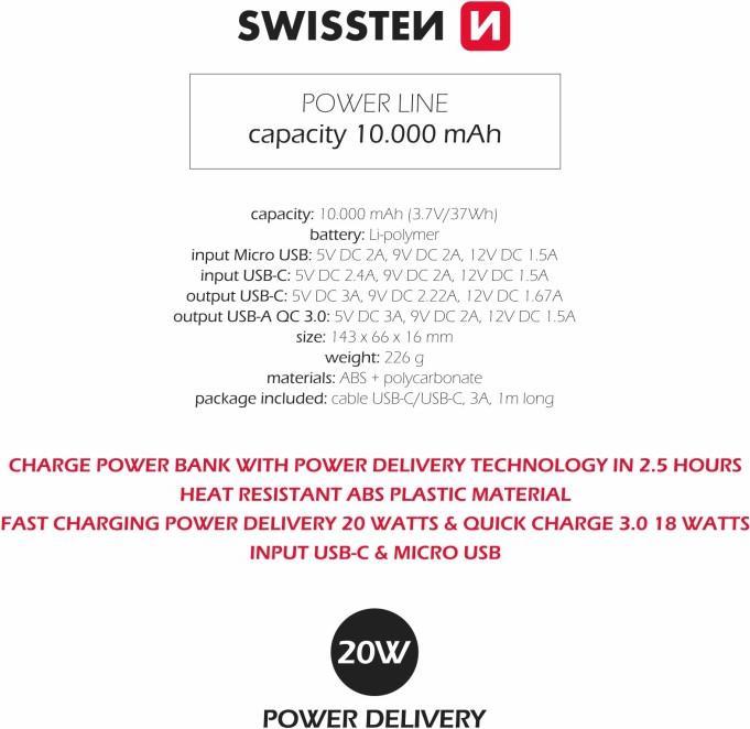 Produktbild Swissten Power Line (10000 mAh, 20 W, 37 Wh)