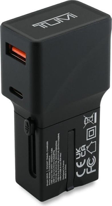 Actual product image Tumi Power Charger Travel Adapter 25W USB-C / USB-A black