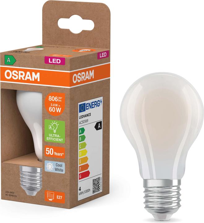 Immagine prodotto Osram Lampada LED ad alta efficienza classe A Filament CLASSIC 3.8W 840 smerigliata E27 806lm 4000K neutra (E27, 3.80 W, 806 lm, 1 x, A)