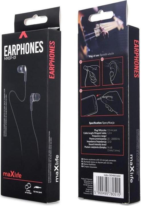 Produktbild Maxlife Kabelgebundene Kopfhörer MXEP-01 Klinke 3,5mm schwarz (Passive Geräuschunterdrückung, Kabelgebunden)