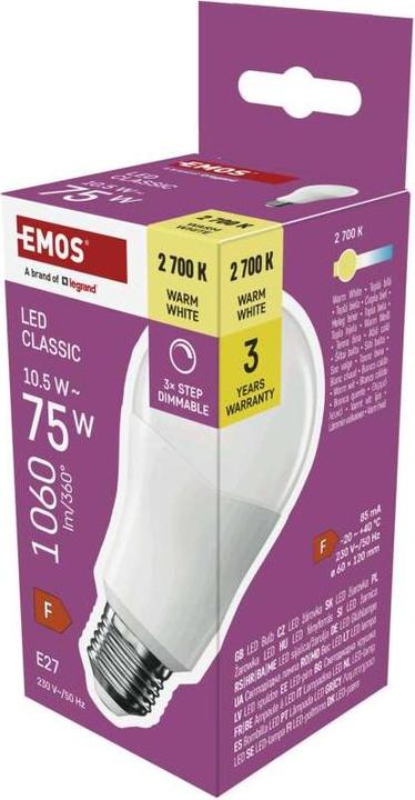 Produktbild Emos LED Lampe Classic A60 / E27 / 10,5 W (75 W) / 1 060 lm / Warmweiss / Stufendimmung (E27, 1060 lm, 1x)