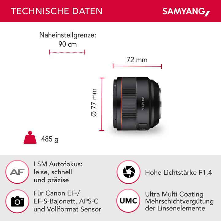 Actual product image Samyang AF 85mm f/1.4, Canon EF (Canon EF, Canon EF-S, APS-C / DX, full size)