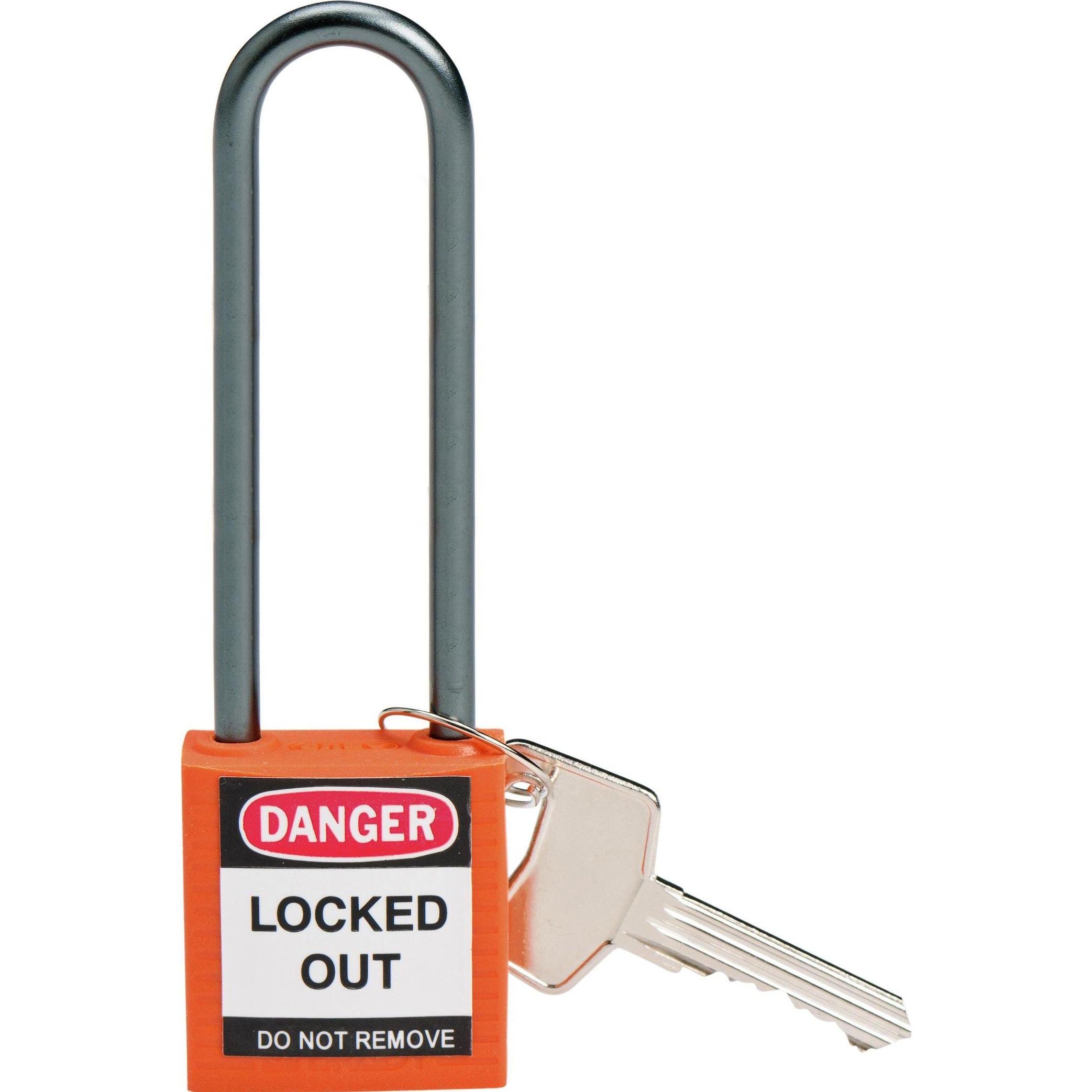 Brady, Vorhängeschloss, kompaktes Sicherheitsschloss Nylon, Orange, 75mm Bügelhöhe, 4,7mm Aluminium-Schliessbügel (Ke