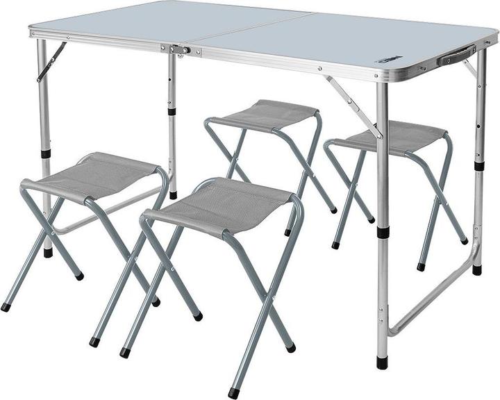 Neo Un ensemble composé d'une table de camping et de 4 chaises, plié dans une valise
