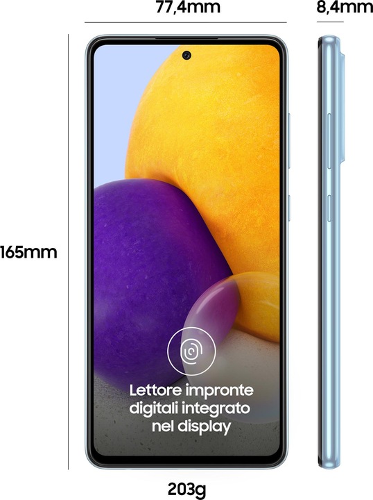 Produktbild Samsung Galaxy A72 EU (128 GB, Blue, 6.70", Hybrid Dual SIM, 64 Mpx, 4G)