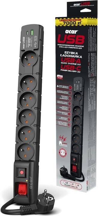 Image du produit Acar Surge Protector S6 USB A+C 6x French Pd (6x, CEE 7/16, 3 m)