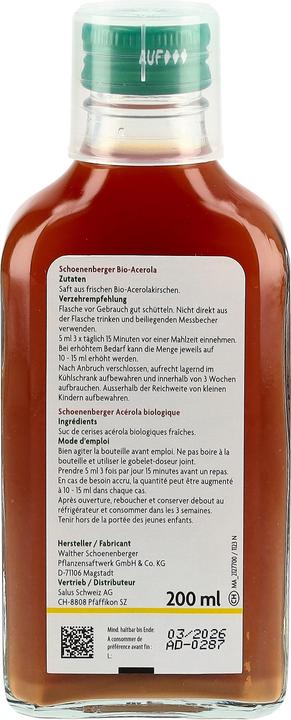 Nährwerte und Zutaten Schönenberger Acerola (1 Stück, Flüssigkeit, 434 g)