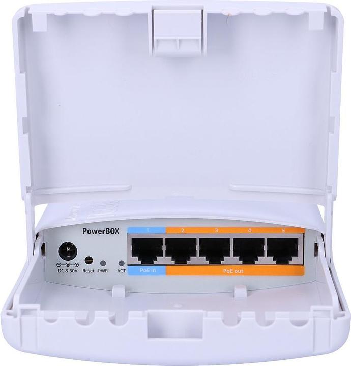 Produktbild MikroTik PowerBox, RB750P, PBr2 PowerBox 64MB RAM, 5xLAN (four with PoE, OUT), L4, outdoor, PS...